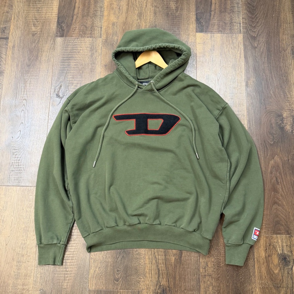 Diesel S-Division-D Hoodie Men's L Olive Green Big Logo Patch Streetwear
